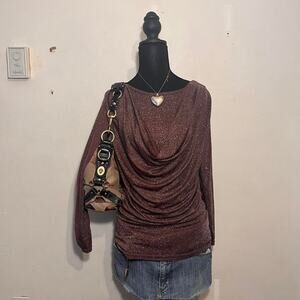 Y2K brown sparkly cowl neck blouse with tie in back perfect for partying